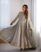 The52 Women's Beautiful Fandy Silk Fabric Embroidery Work Flared Anarkali Pant and Dupatta Set | Grocsy