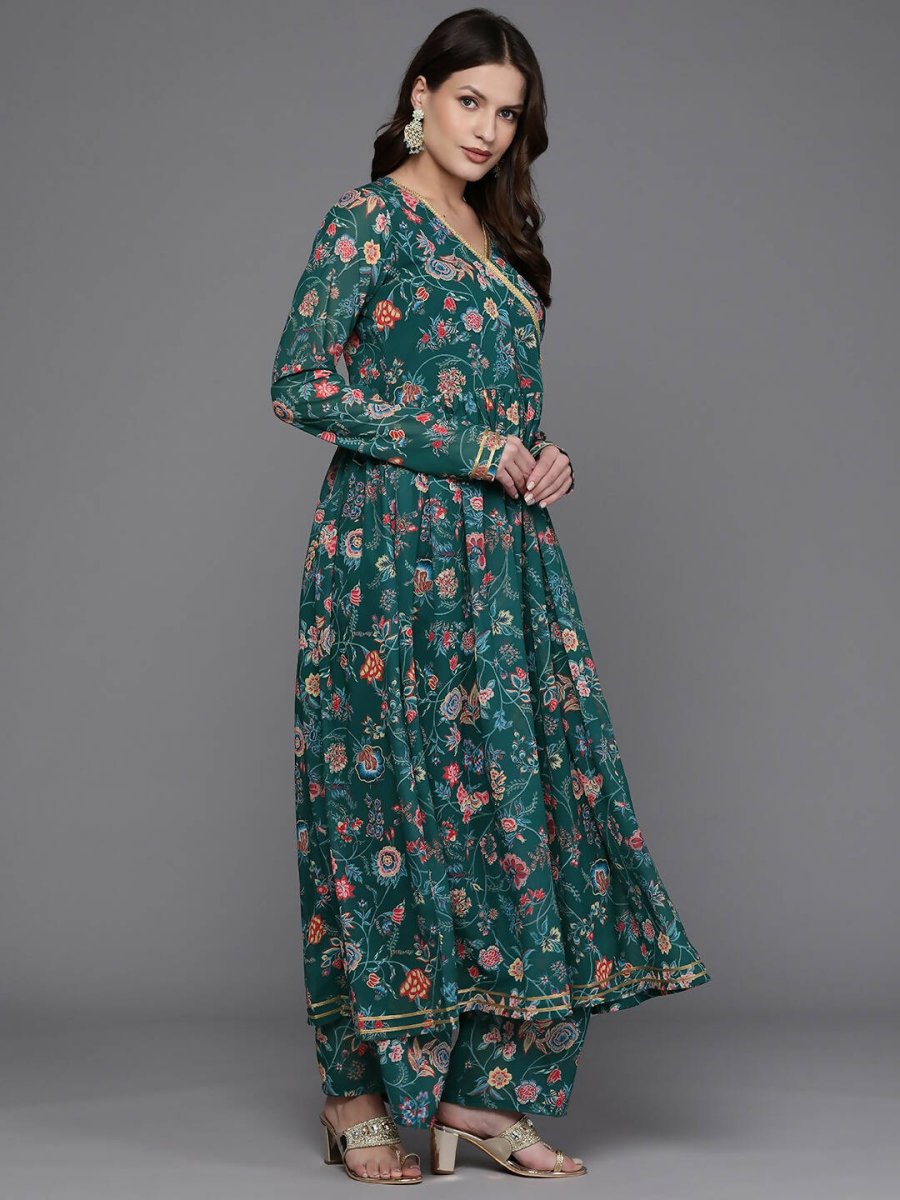 Ahalyaa Women Floral Printed Angrakha Kurta with Palazzos - Green Color | Grocsy