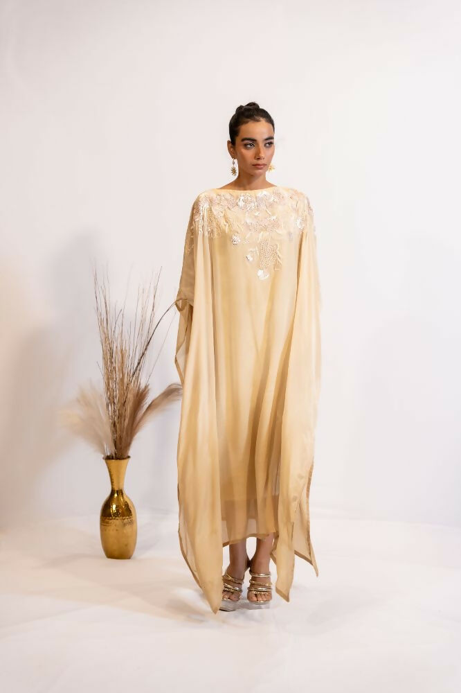 Timaraa Champagne Glow Hand-Embellished Georgette Kaftan Dress | Grocsy