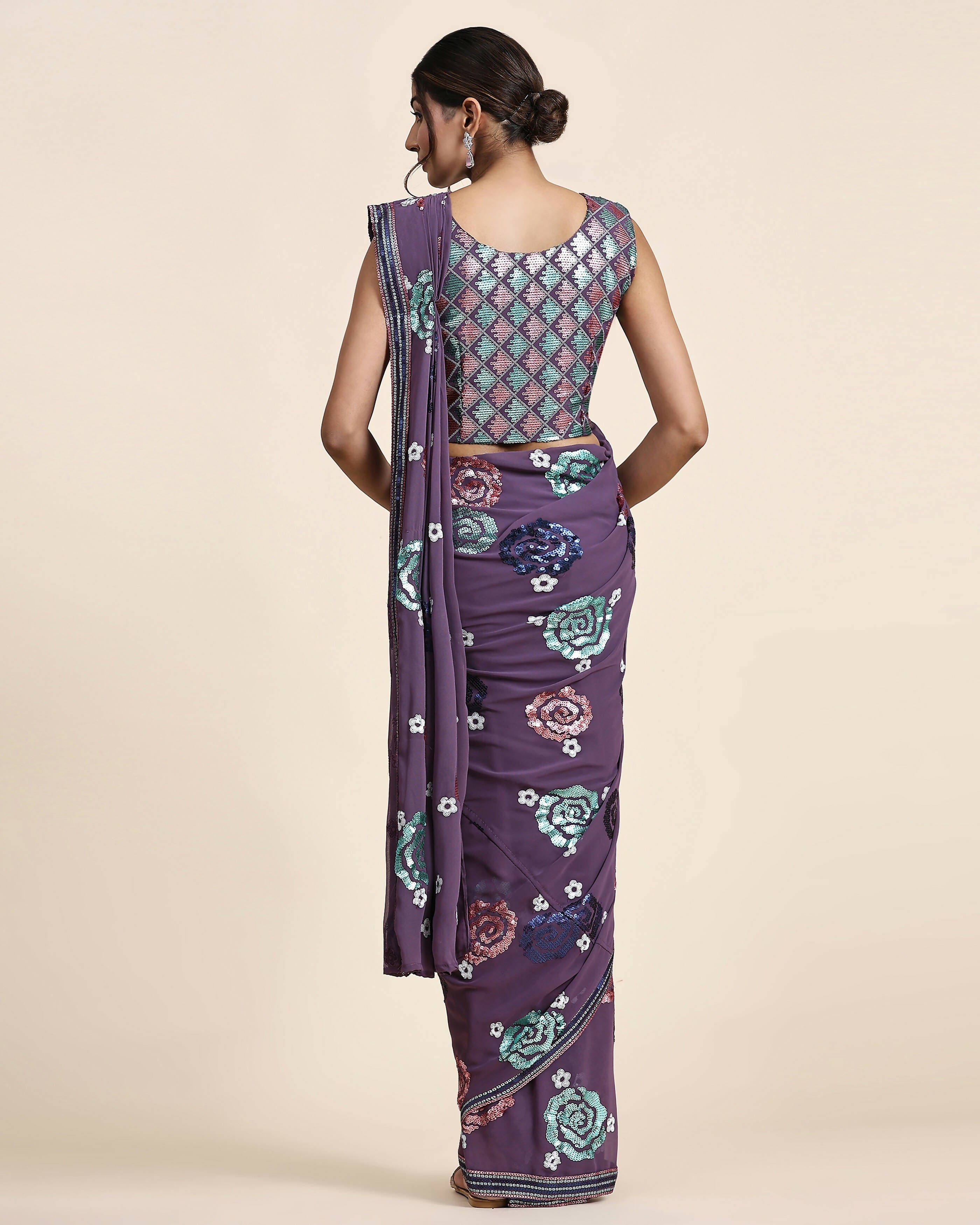 Purple Pure Georgette Sequence work Ready to wear Saree with stitched Blouse - Nirvana | Grocsy