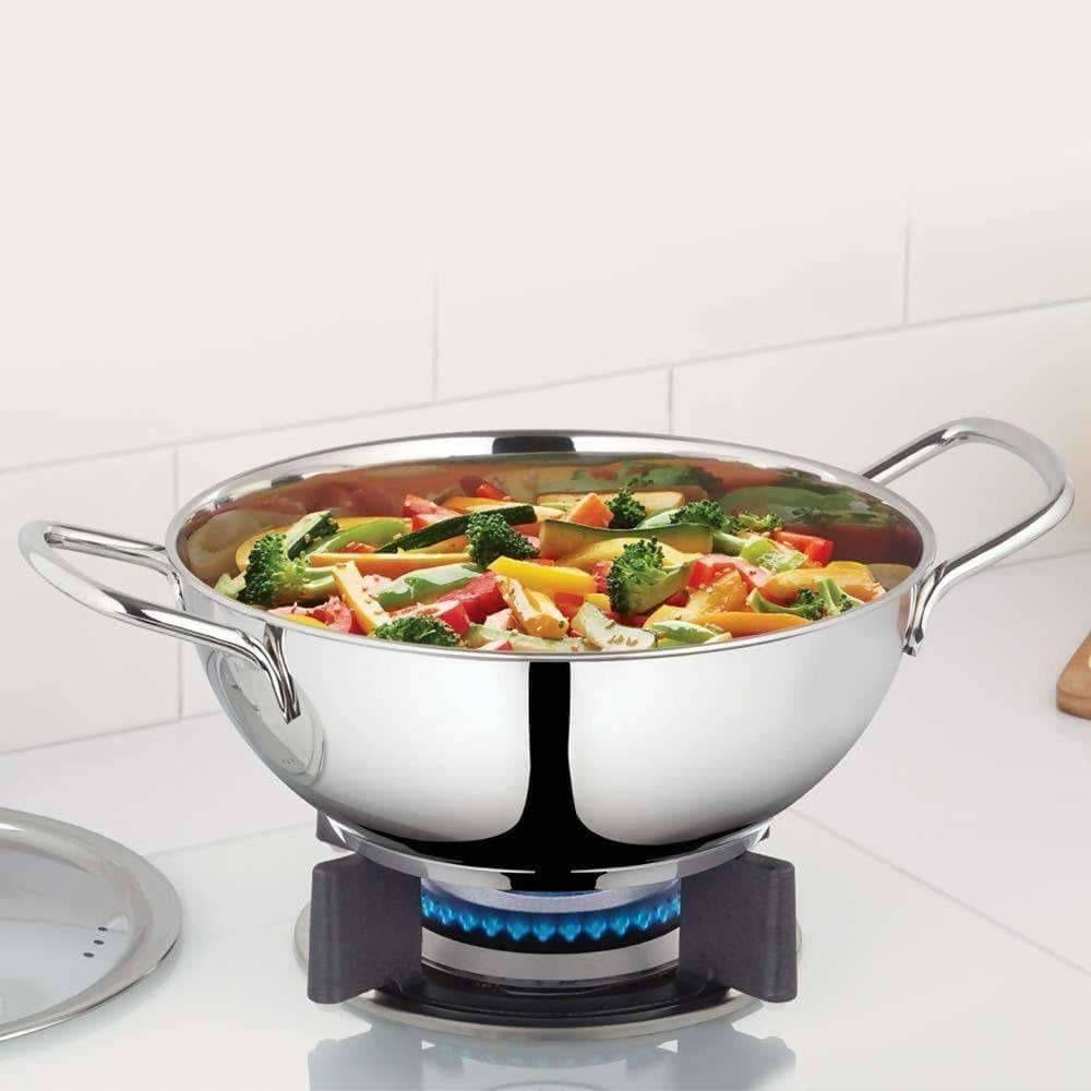 Borosil Stainless Steel Deep Kadhai With Lid, 2.3 Litre | Grocsy