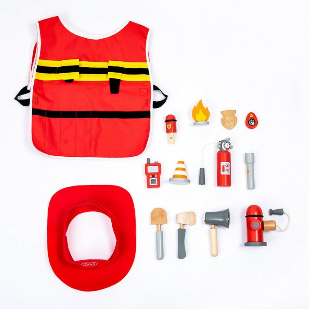 Nesta Toys Wooden Firefighter Pretend Play Toy with Fireman Costume Kit (14 Pcs) | Grocsy