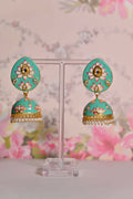 Sea Green Ethnic Enamel Meenakari Jhumki Earrings By House of Ree - Swadesiicart