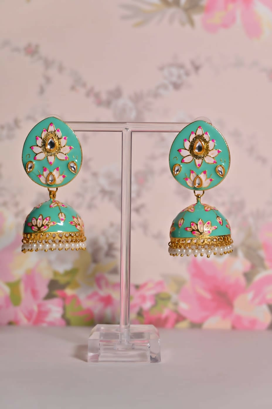 Sea Green Ethnic Enamel Meenakari Jhumki Earrings By House of Ree - Swadesiicart