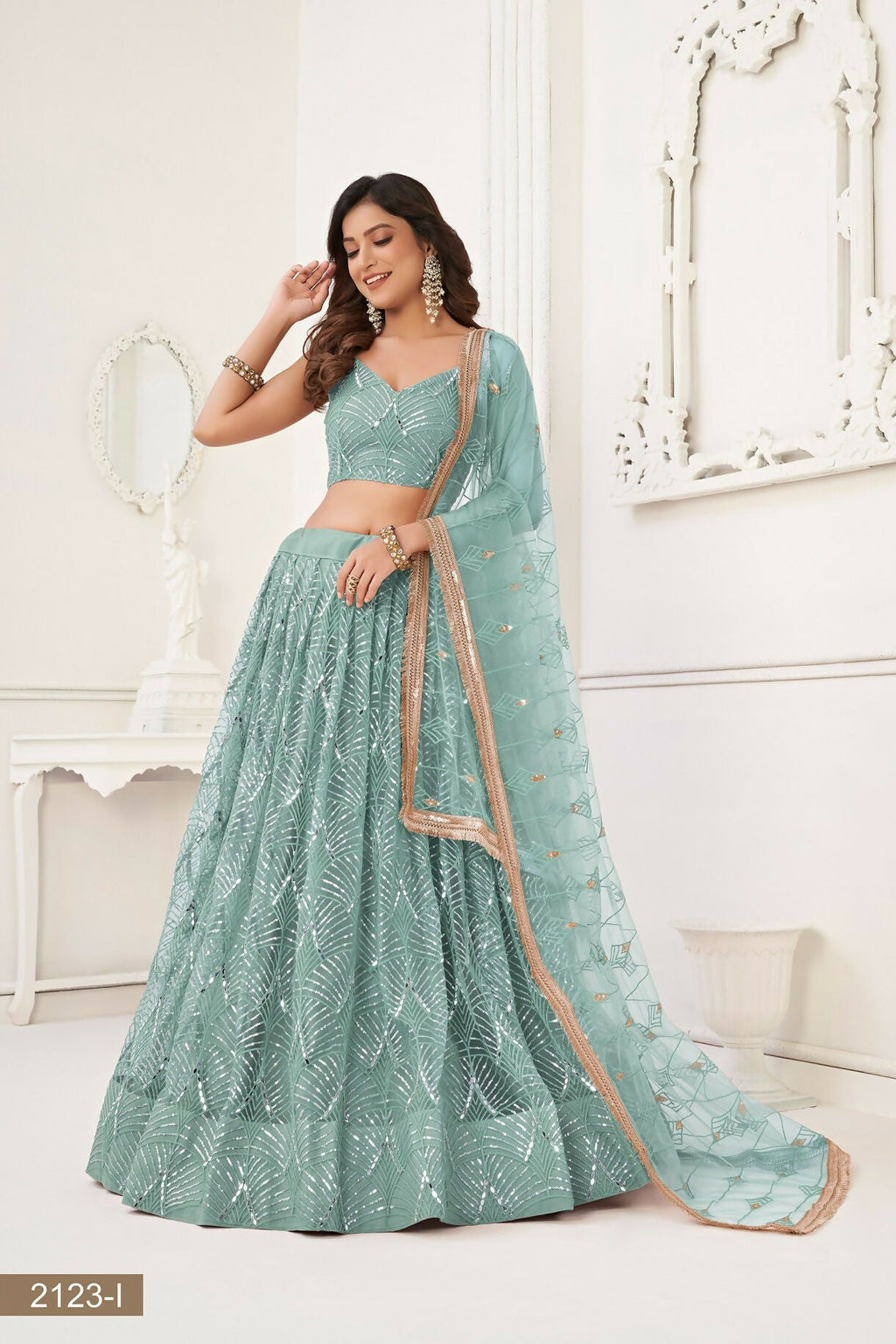 Eilara Glamorous Ocean Blue Net With Sequins And Thread Embroidery Real Mirror Work Lehenga Choli For Wedding | Grocsy