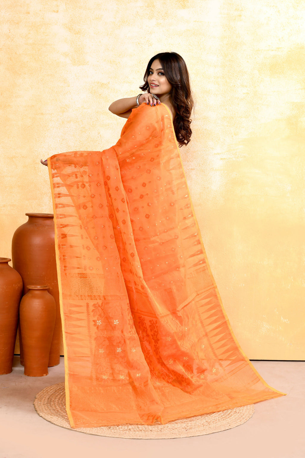 Piyari Fashion Women's Orange Embellished Cotton Blend Jamdani Saree | Grocsy