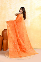 Piyari Fashion Women's Orange Embellished Cotton Blend Jamdani Saree | Grocsy