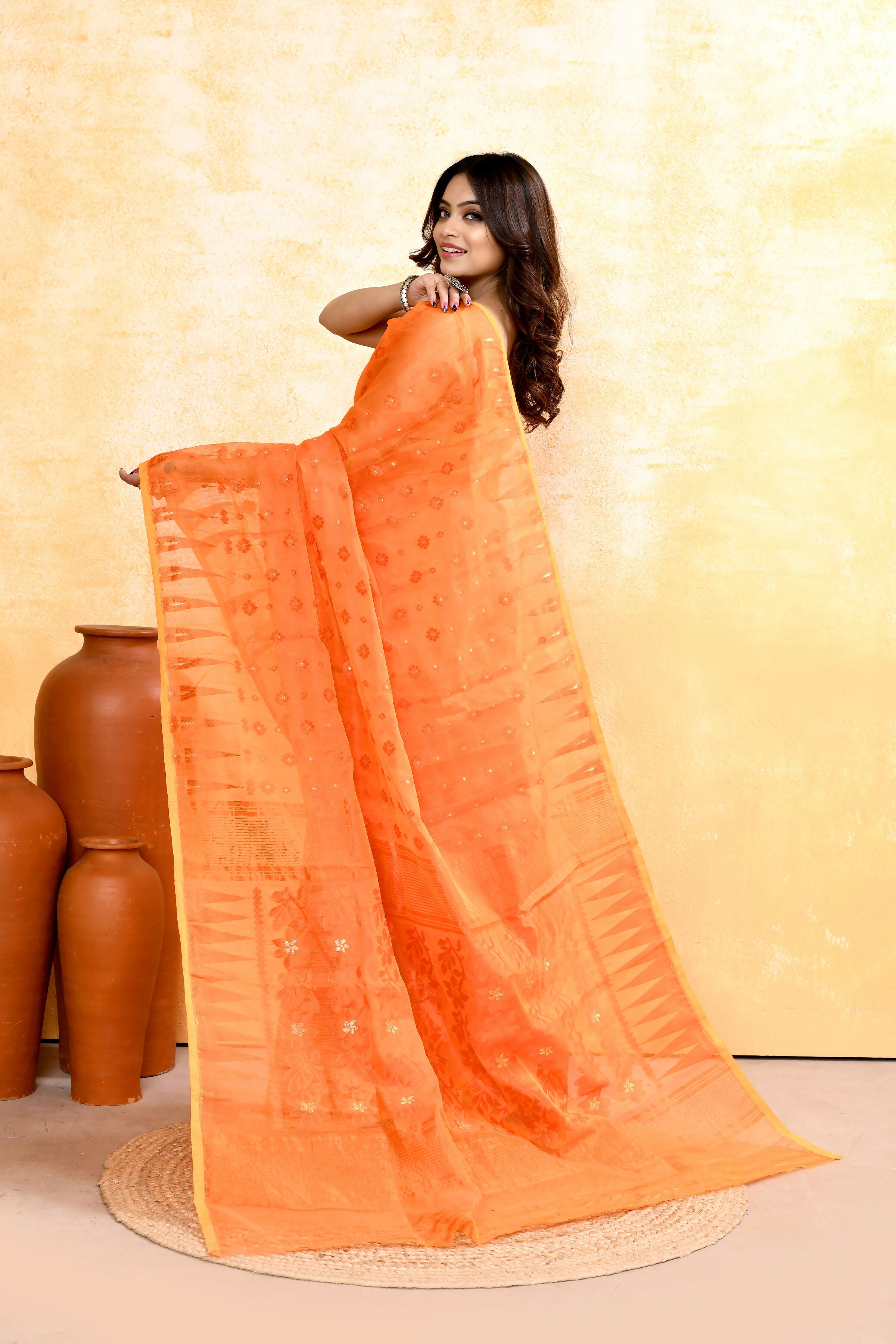 Piyari Fashion Women's Orange Embellished Cotton Blend Jamdani Saree | Grocsy