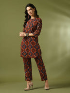 Myshka Women's Multi Printed Cotton Round Neck Party Tunic With Trousers Co-ord set | Grocsy