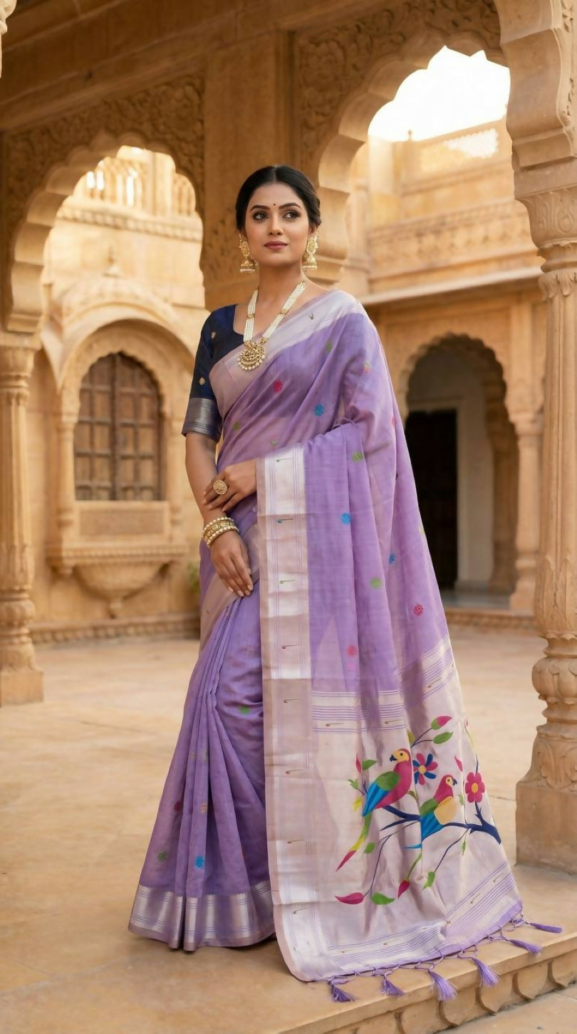 Vastranavya Lavender Muga Cotton Meenakari & Munia Weaving Pallu Saree with Contrast Blouse | Grocsy