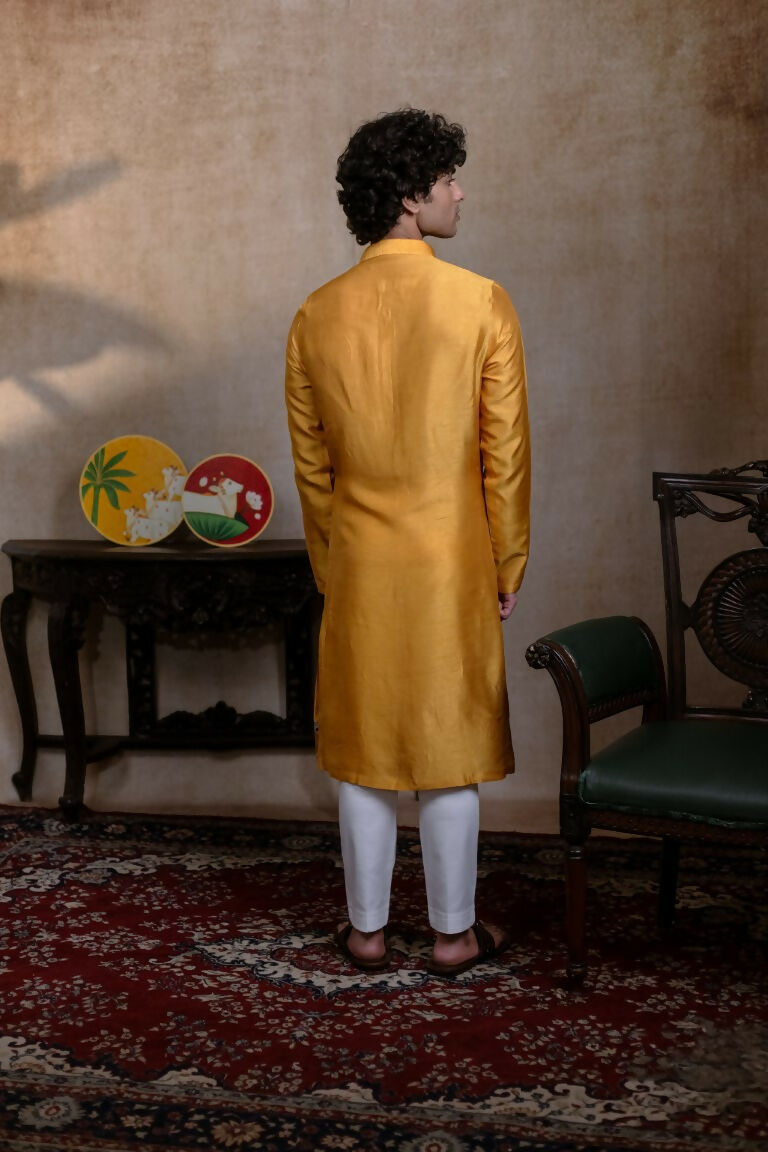 Falling Raw Silk Yellow Mural Krishna By Hilo Design | Grocsy