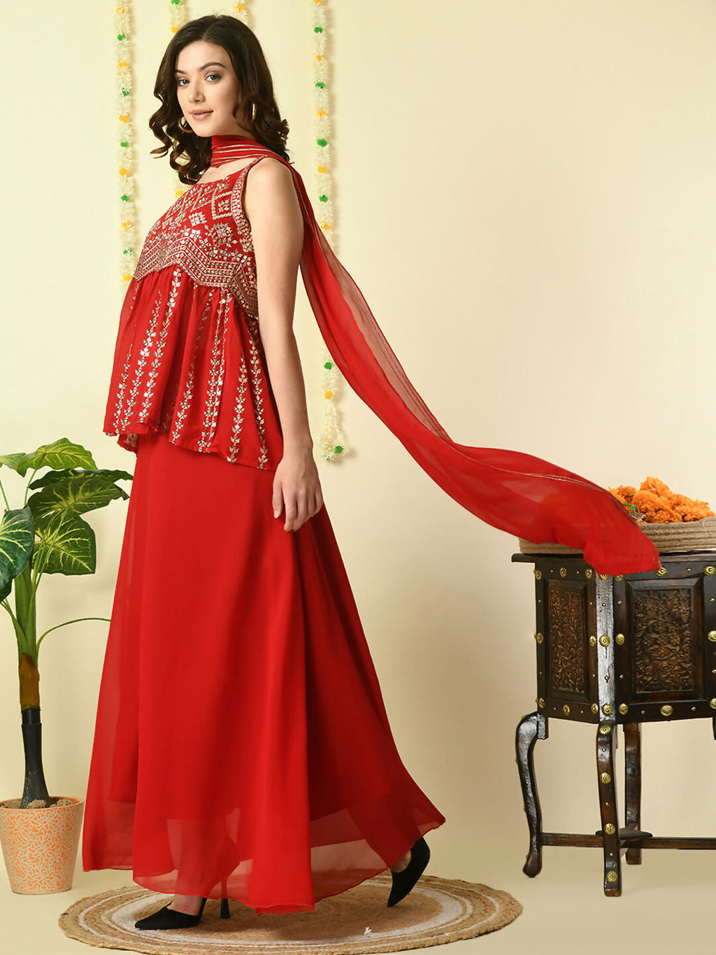 Myshka Women's Red Georgette Top & Skirt With Dupatta Party Sets | Grocsy