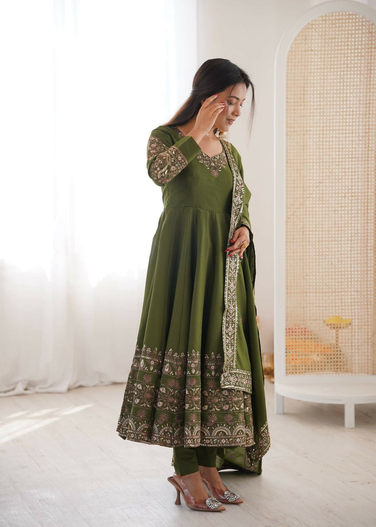 Teeya Creation Green Roman Silk Embroidery Work Party Wear Long Gown | Grocsy