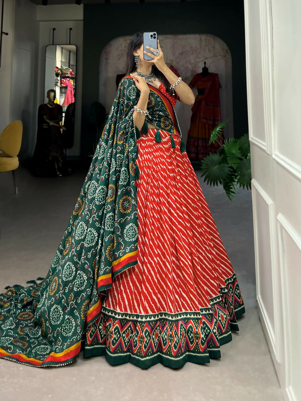 Vastranavya Cultural Leheriya With Patola Print Border Tussar Silk Lehenga Choli - Red | Grocsy