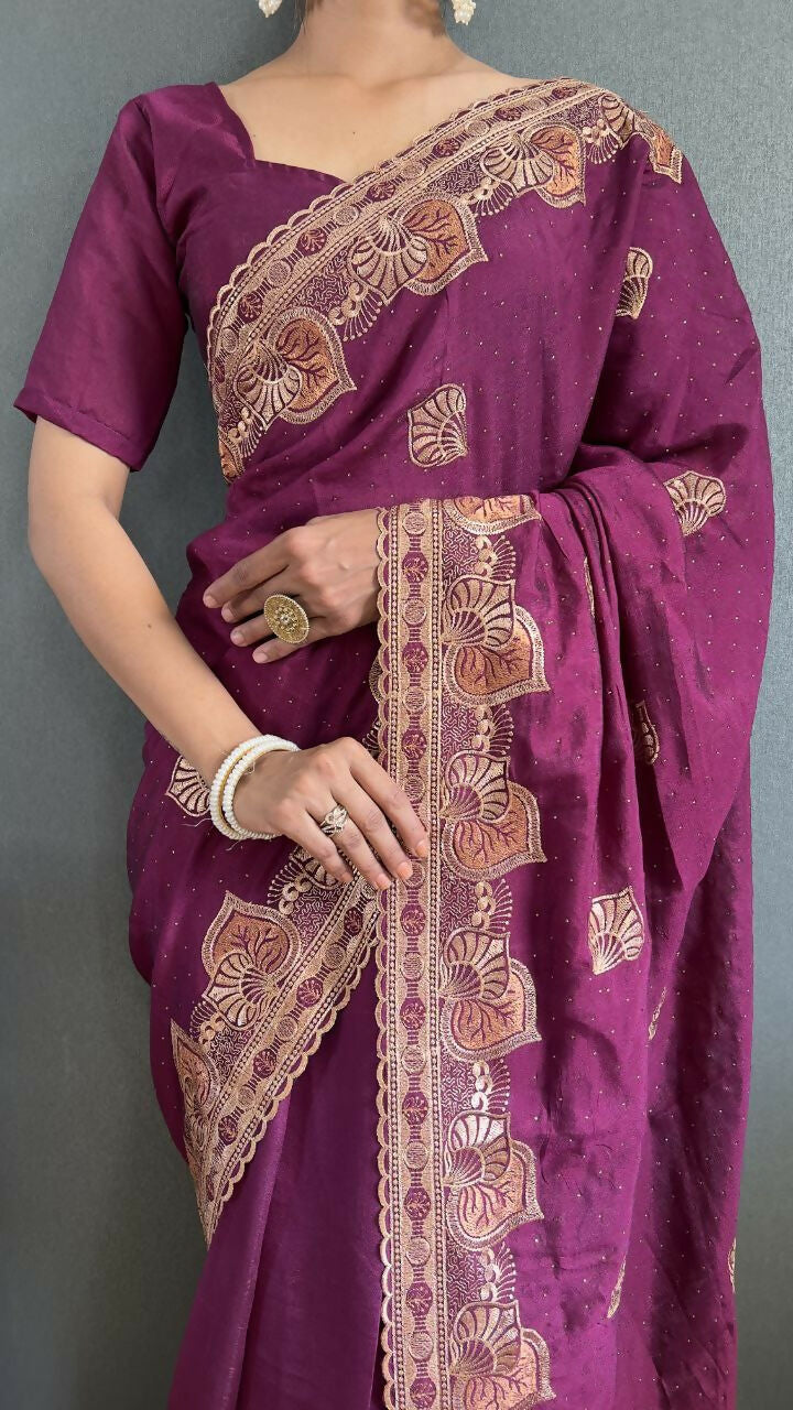 Vastranavya Purple Vichitra Silk Zari with Swarovski Work Ready to Wear Saree | Grocsy