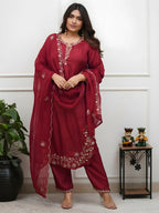 The52 Women's Beautiful Embroidery Work Roman Silk Fabric Straight Kurta Pant and Dupatta Set-Maroon | Grocsy
