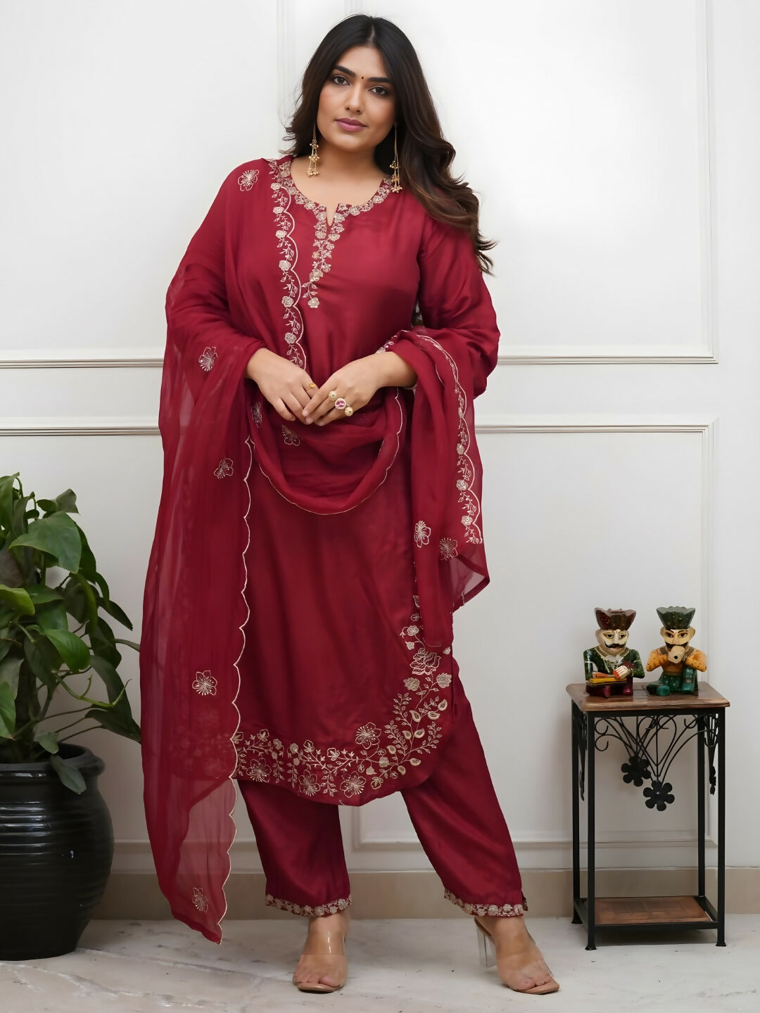 The52 Women's Beautiful Embroidery Work Roman Silk Fabric Straight Kurta Pant and Dupatta Set-Maroon | Grocsy