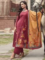 Jyoti Fashion Women's Red Velvet Floral Digital Printed Kurta with Trouser & Dupatta | Grocsy
