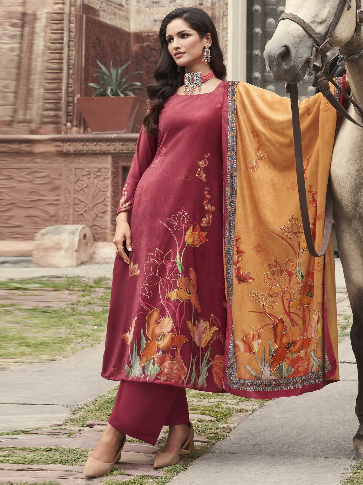 Jyoti Fashion Women's Red Velvet Floral Digital Printed Kurta with Trouser & Dupatta | Grocsy