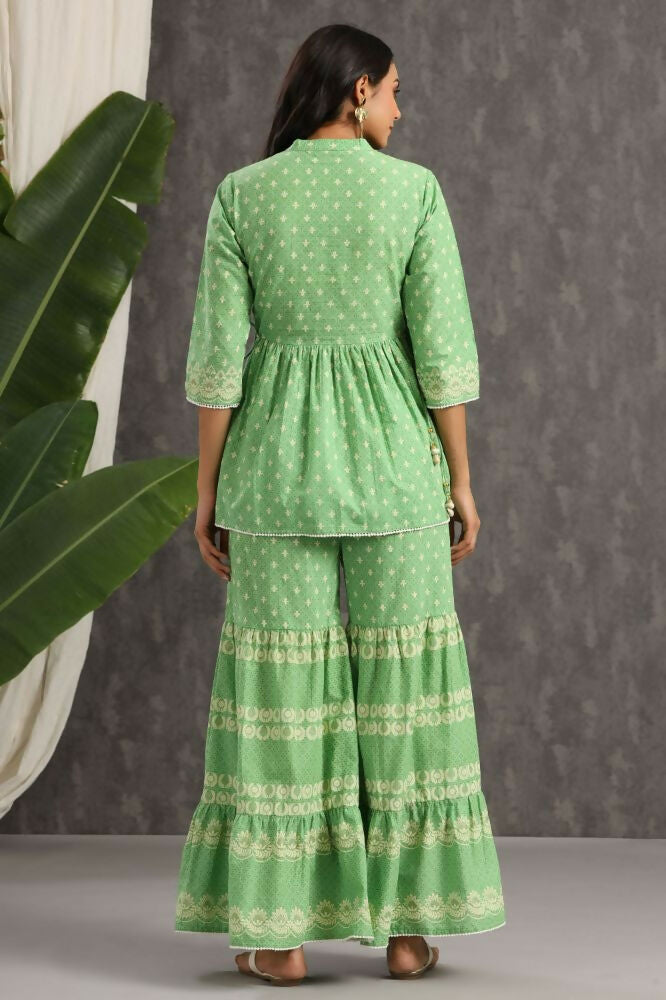 Juniper Green Ethnic Motif Printed Pure Cotton Tunic & Sharara With Sequins & Lace Detail | Grocsy
