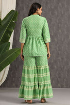 Juniper Green Ethnic Motif Printed Pure Cotton Tunic & Sharara With Sequins & Lace Detail | Grocsy