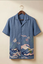 Mirage — Deep Blue Embroidered Linen Shirt by Hilo Design | Grocsy