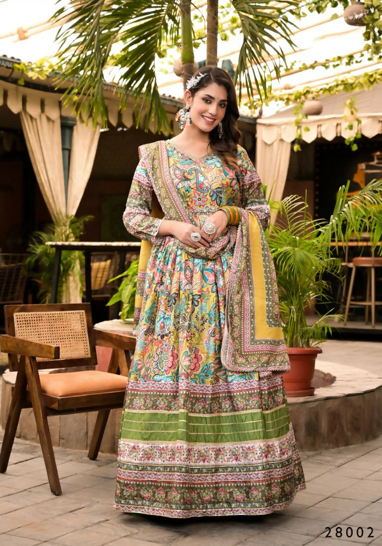 Wedding Designer Multi Soft Dola Silk Anarkali suit with Dupatta - Sanj | Grocsy