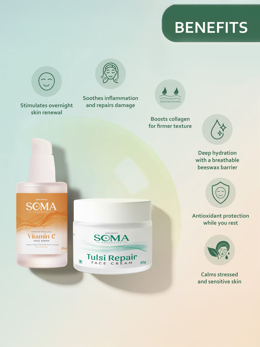 Soma Essential Apian Night calm Ritual - Tulsi Night Cream + Royal Jelly Vitamin C Serum | Grocsy