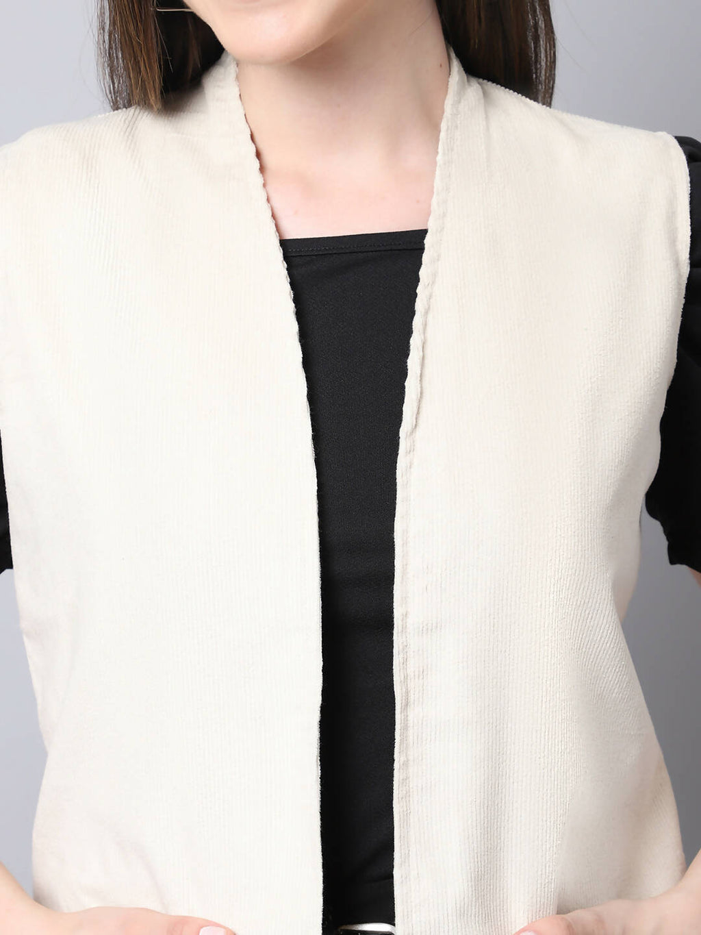 Even Apparels White Polywool Open Front Corduroy Women's Long Coat | Grocsy