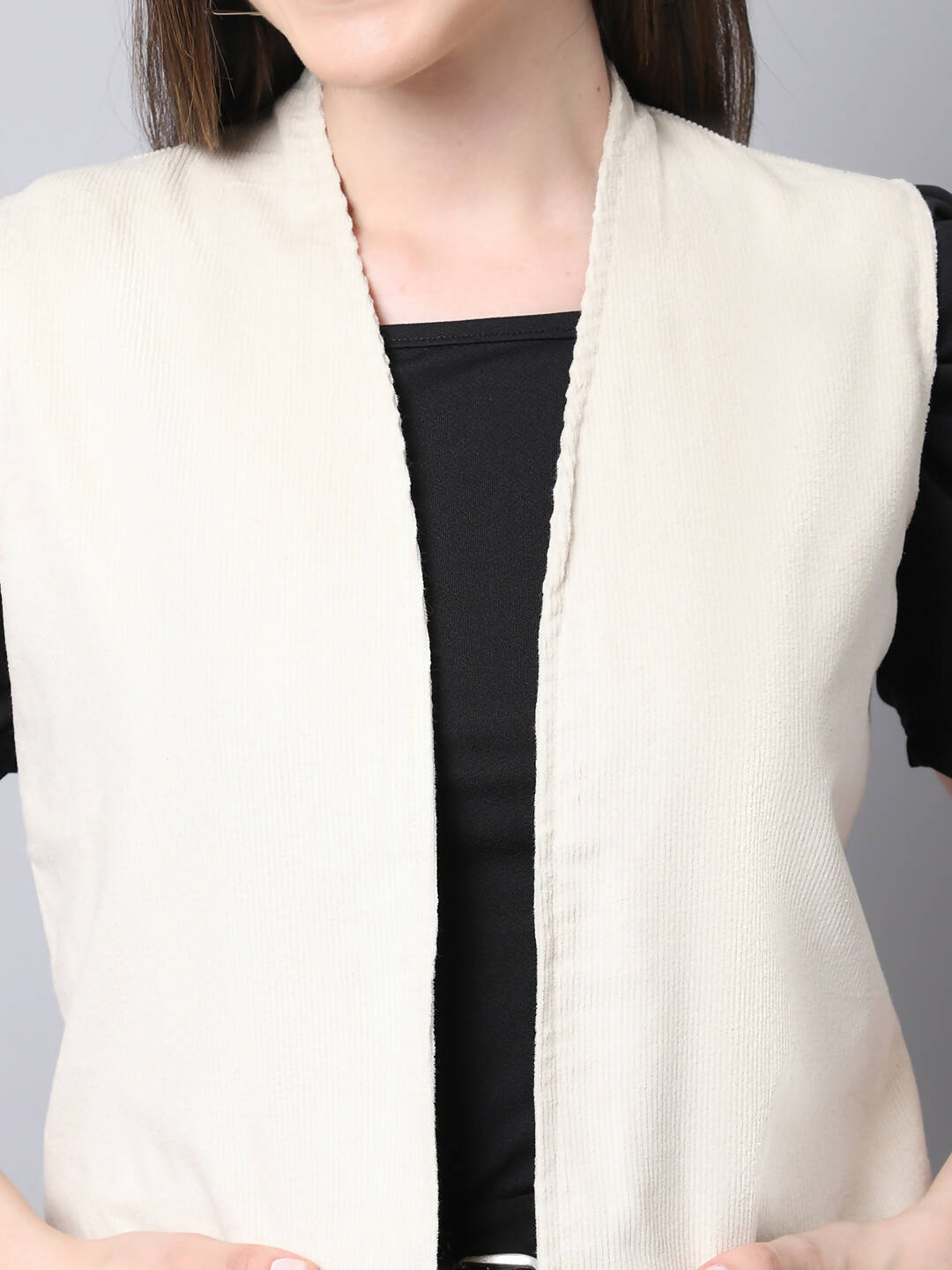 Even Apparels White Polywool Open Front Corduroy Women's Long Coat | Grocsy
