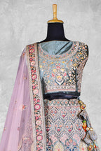 Blue & Pink Velvet Hand Work Semi Stitched Lehenga Choli with Dupatta - Nimaya Lagnotsav | Grocsy