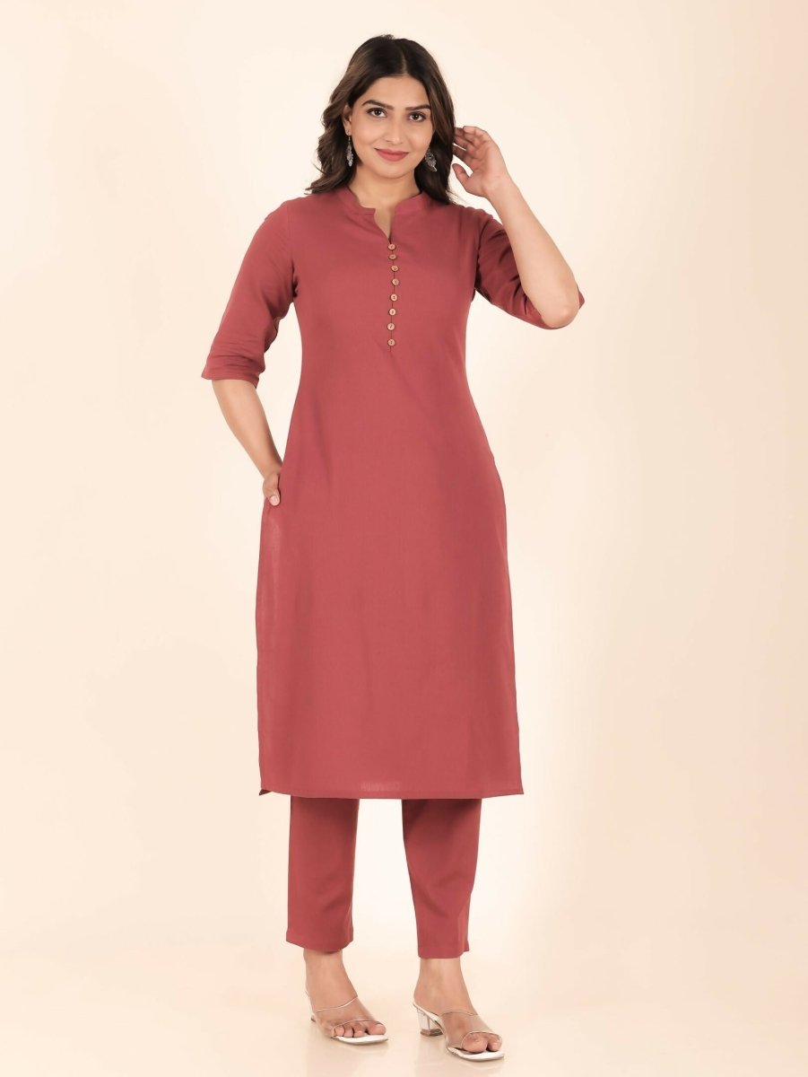 Aramya Pink Linen Cotton Solid Print Straight Kurta Set for Women | Grocsy