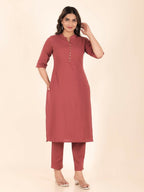 Aramya Pink Linen Cotton Solid Print Straight Kurta Set for Women | Grocsy