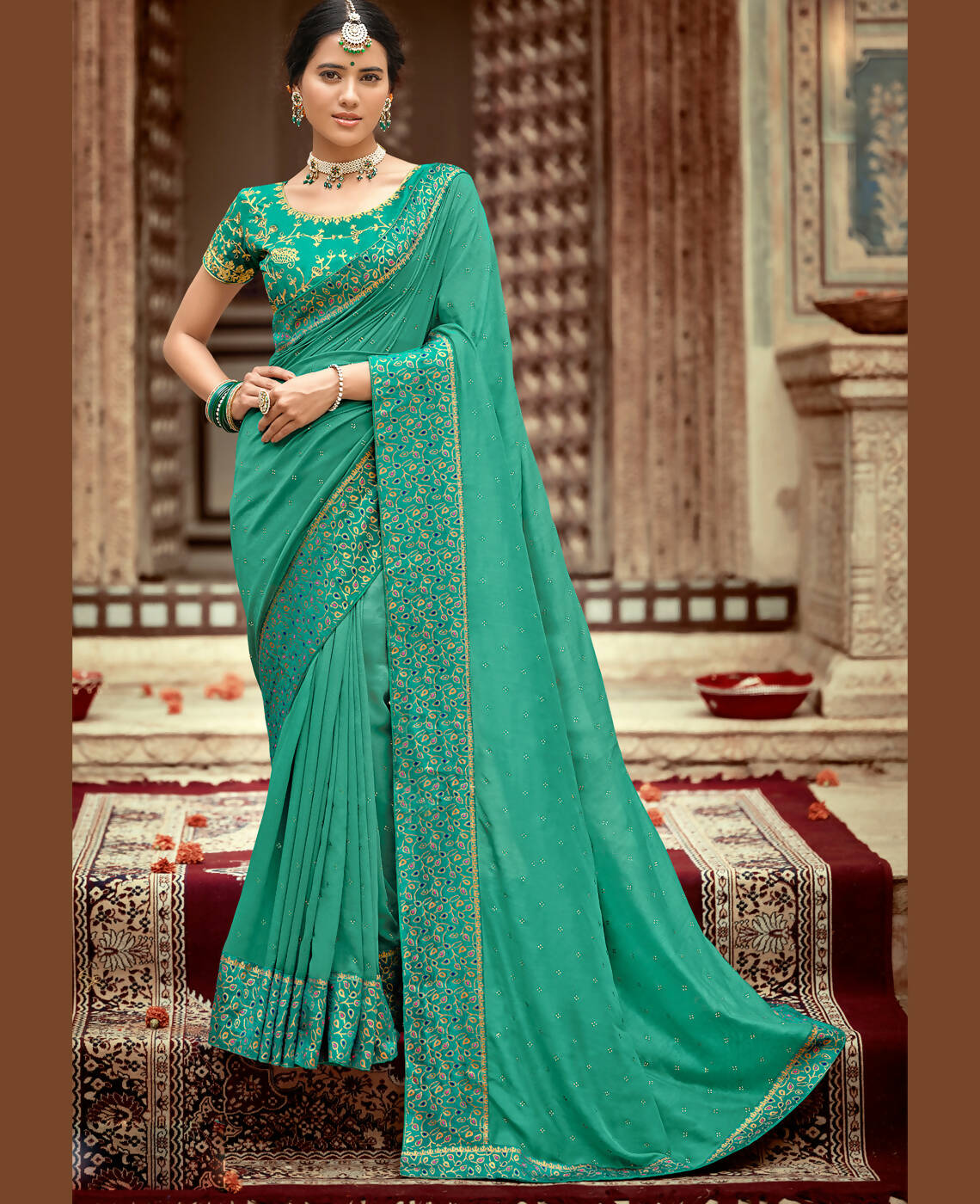 Sea Green Vichitra Stone Work Saree With Unstitched Blouse Piece - Rosy | Grocsy