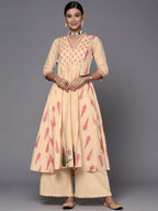 Ahalyaa Women Cream-Coloured & Pink Floral Print Pure Cotton Anarkali Kurta with Palazzos | Grocsy