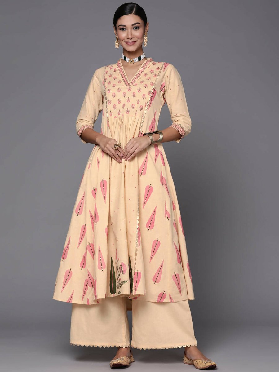 Ahalyaa Women Cream-Coloured & Pink Floral Print Pure Cotton Anarkali Kurta with Palazzos | Grocsy