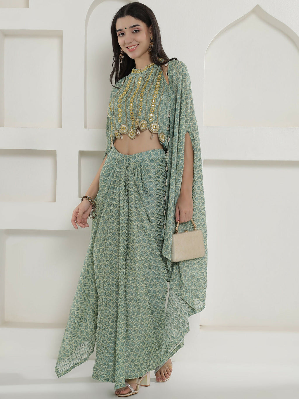 Joban Fashion Green Georgette Cape Inner And Shirt Set | Grocsy