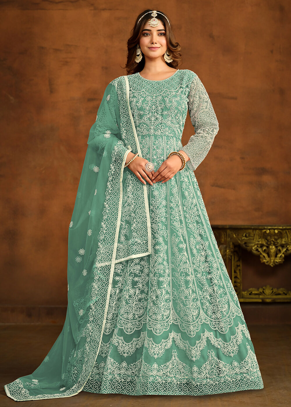 Green All Over Embroidered Net Wedding Anarkali Suit - Emponline | Grocsy