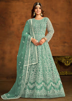 Green All Over Embroidered Net Wedding Anarkali Suit - Emponline | Grocsy