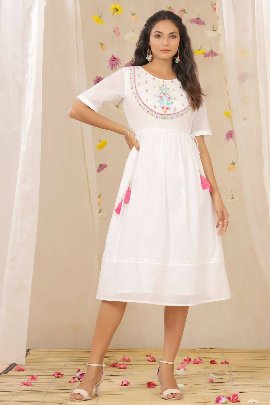 Juniper Women White Cotton Dobby Embroidered A-Line Dress | Grocsy