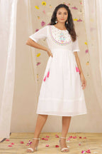 Juniper Women White Cotton Dobby Embroidered A-Line Dress | Grocsy