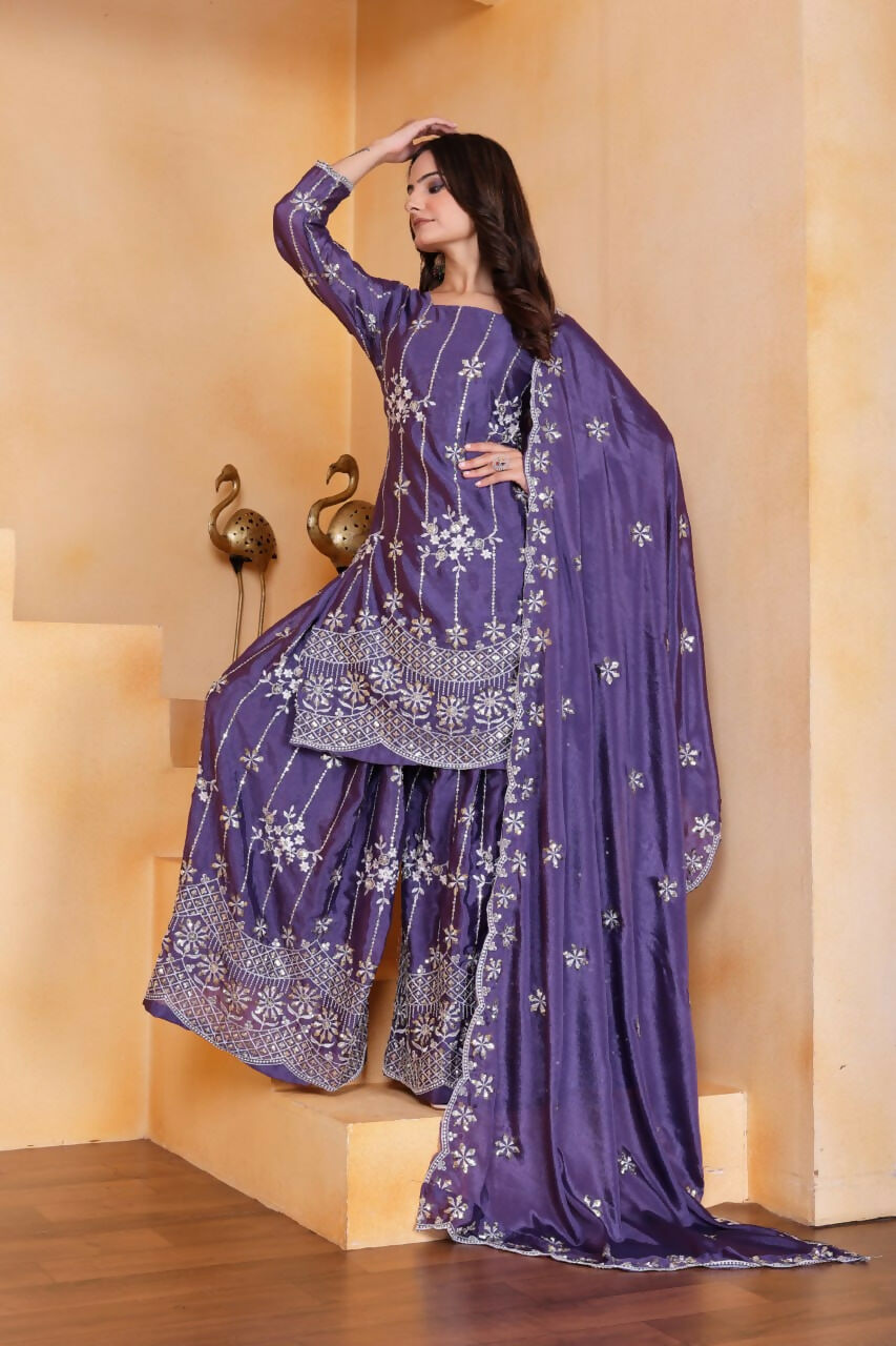 Teeya Creation Lavender Color Chinon Silk Wedding Wear Trending Palazzo Set | Grocsy