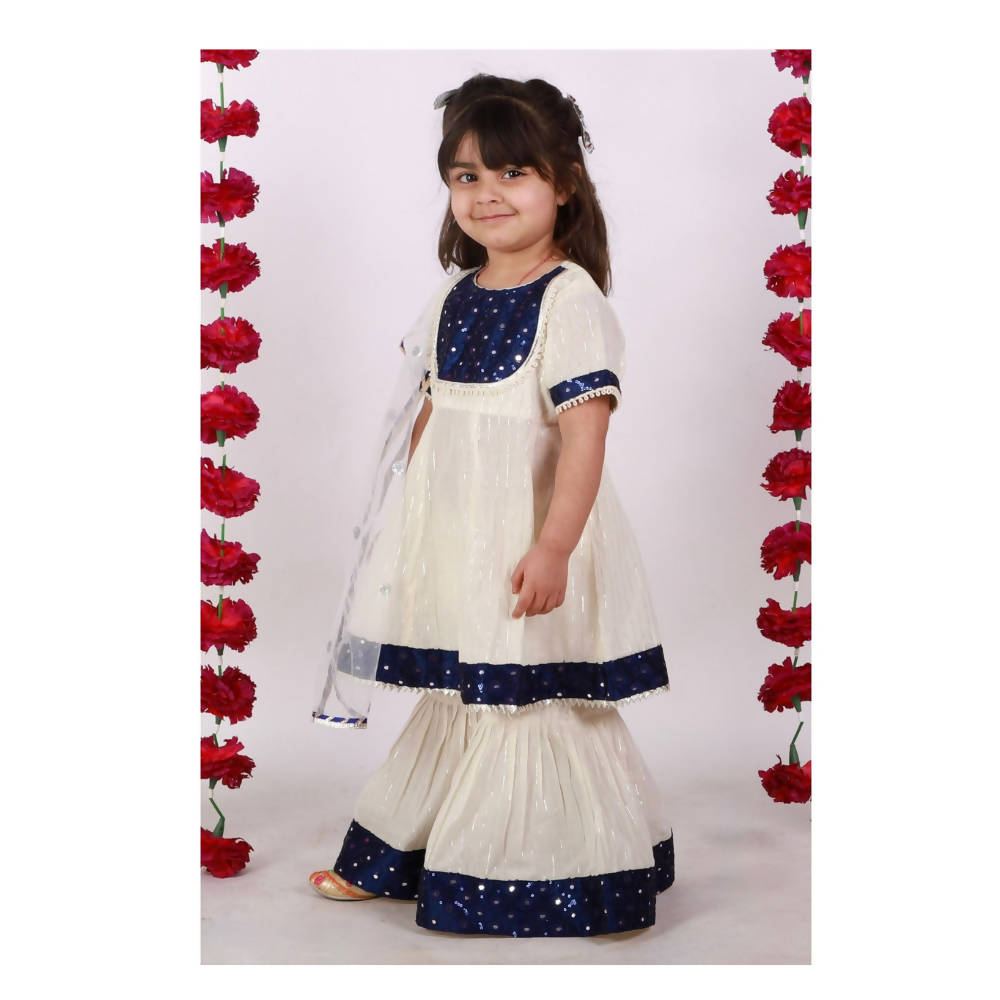 Little Bansi Girls Cream & Indigo Mirror work Kurta Frock with Sharara & Dupatta | Grocsy