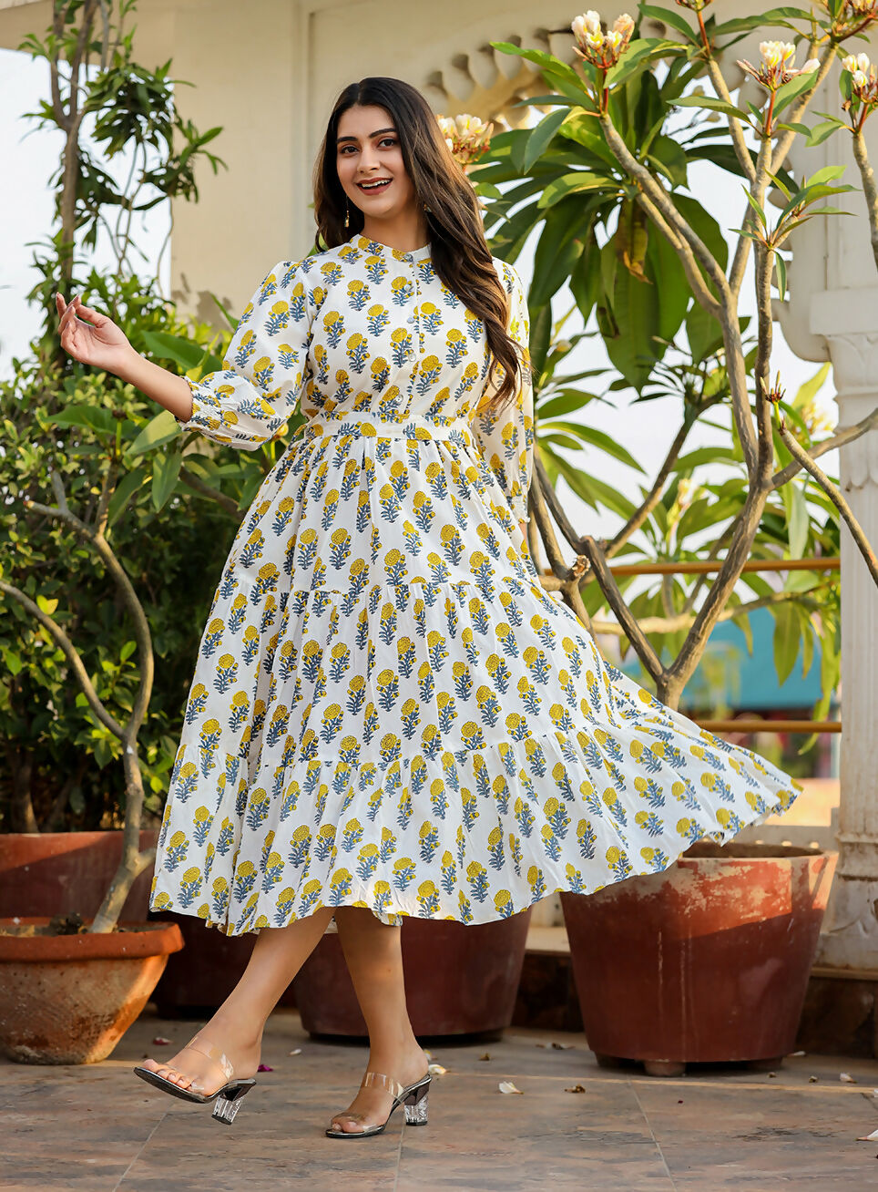 Kaajh Women's White-Yellow Ethnic Floral Hand Block Print Cotton Dress | Grocsy