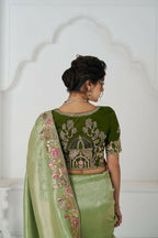 Kesar Fab Mehendi Color With Multi-Thread And Sequins Embroidery For Wedding Saree | Grocsy