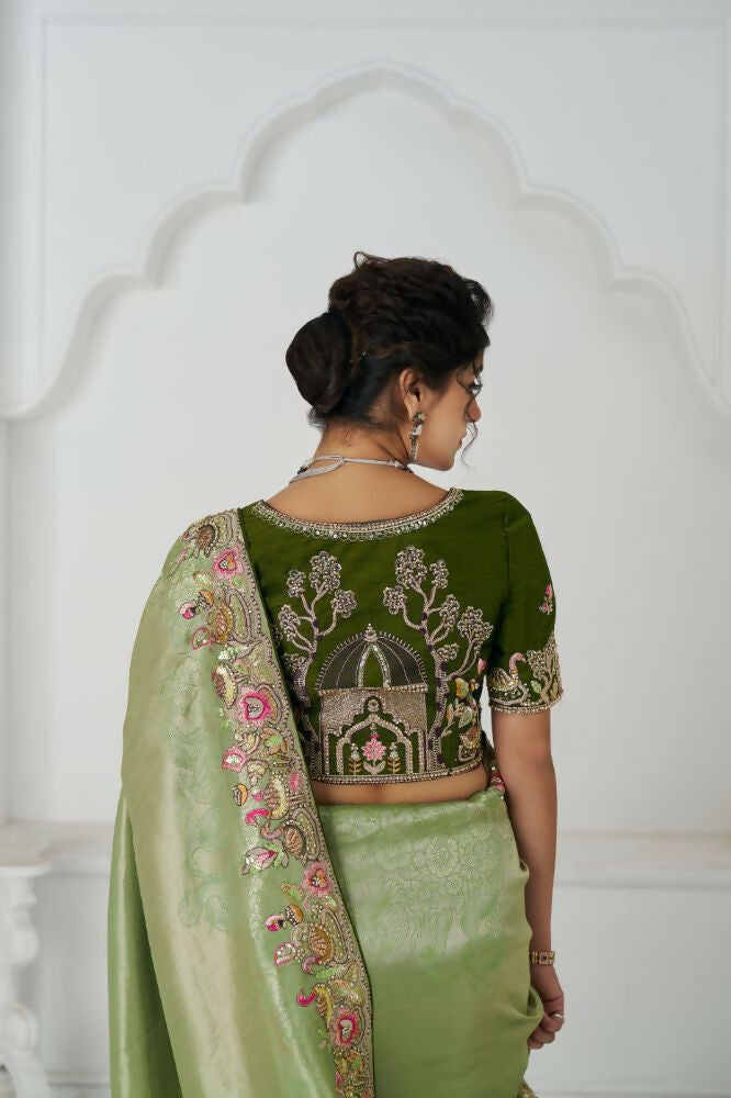 Kesar Fab Mehendi Color With Multi-Thread And Sequins Embroidery For Wedding Saree | Grocsy