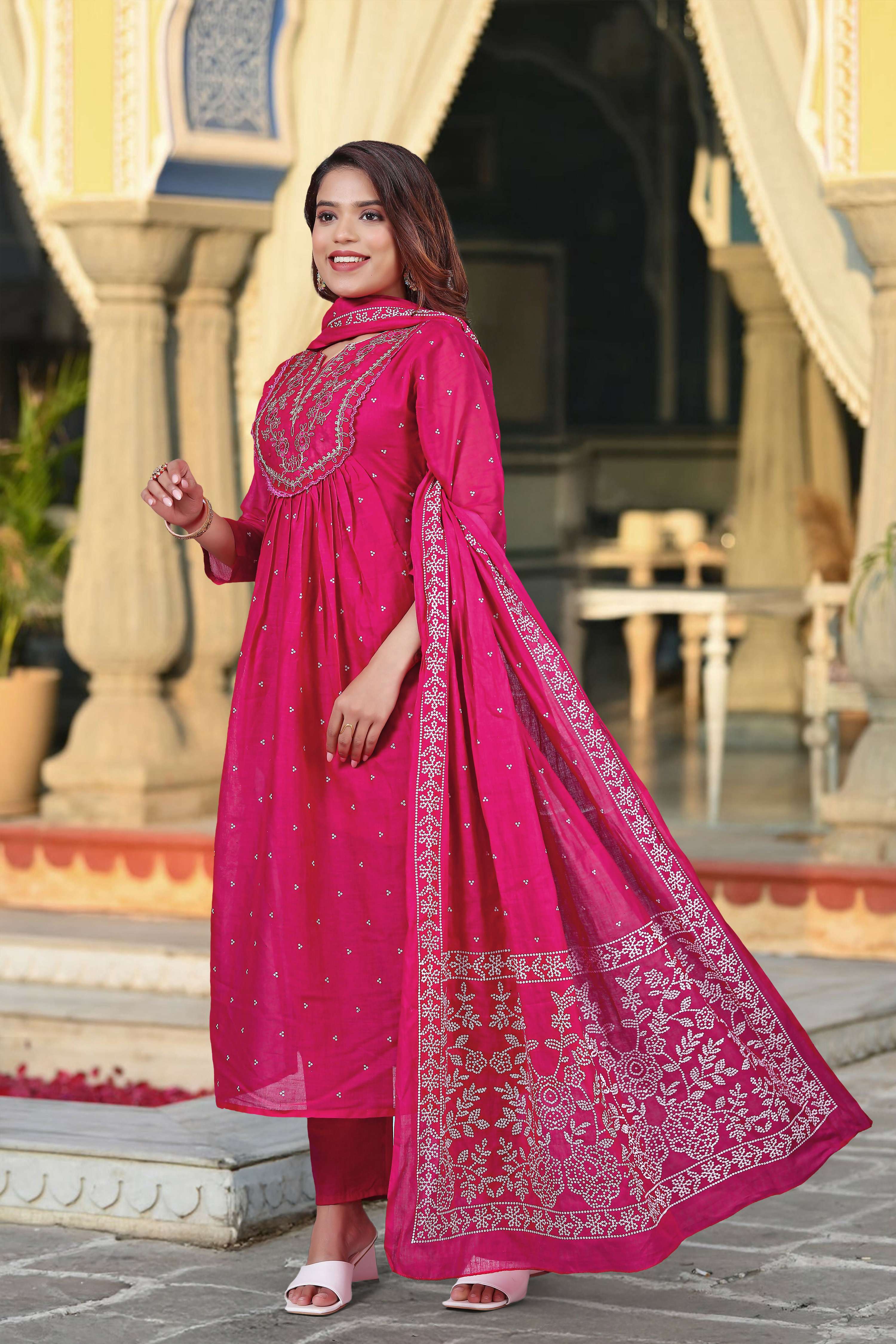The52 Women's Beautiful Cotton Fabric Embroidery Work Straight Kurta Pant and Dupatta Set | Grocsy