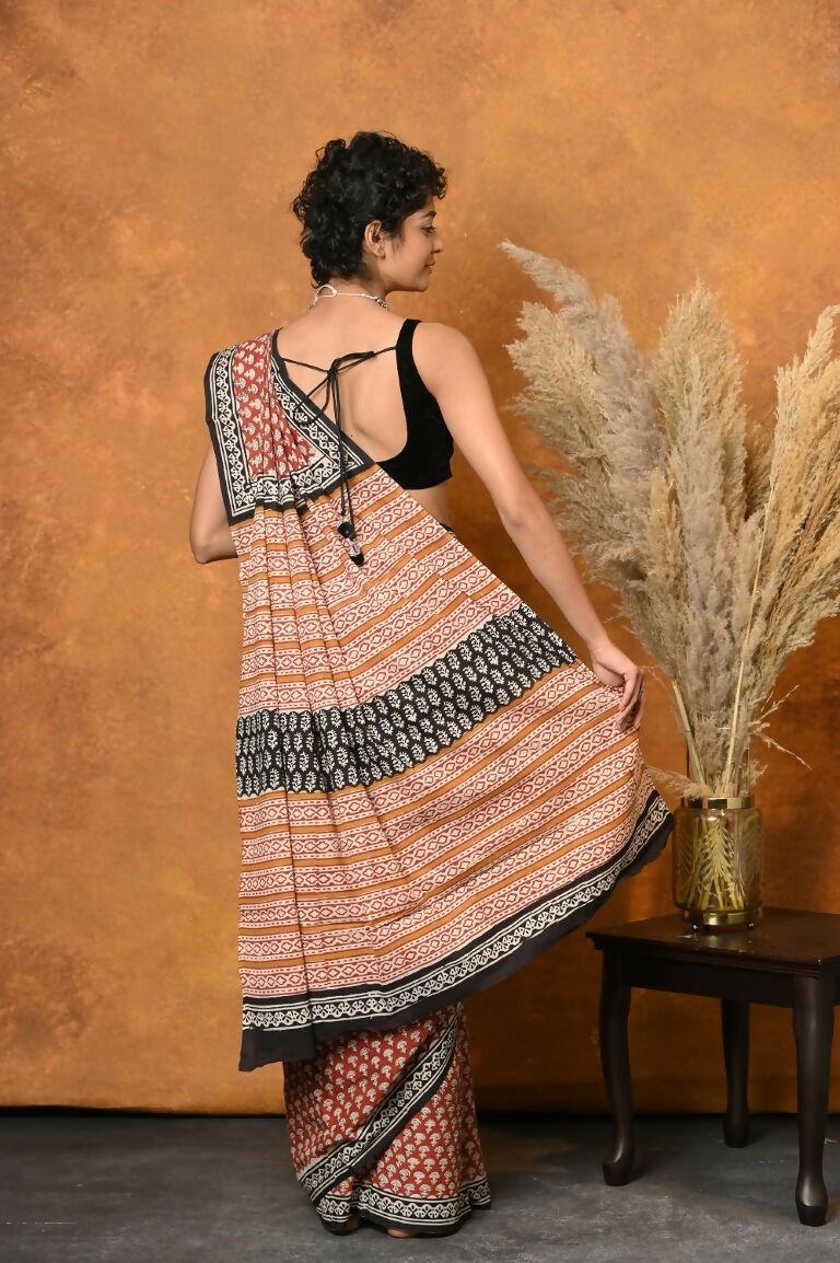 Very Much Indian Handblock Printed Cotton Saree With Natural Dyes - Orange | Grocsy
