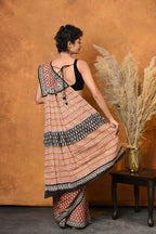Very Much Indian Handblock Printed Cotton Saree With Natural Dyes - Orange | Grocsy