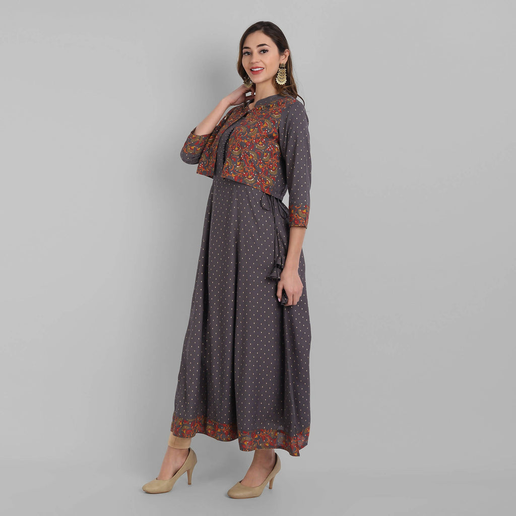 Juniper Women's Grey Rayon Printed Flared Dress | Grocsy